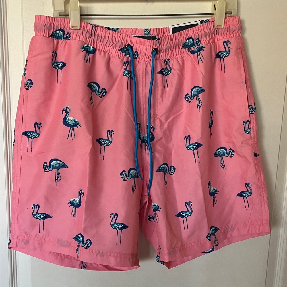 NWT Club Room pink & blue swim shorts  flamingos w/pockets quick dry, medium